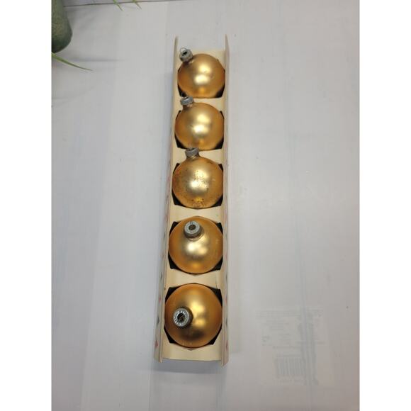 5 MCM Vintage Christmas Tree Ornaments, Glass Satin Gold Shiny Brite - Picture 2 of 3